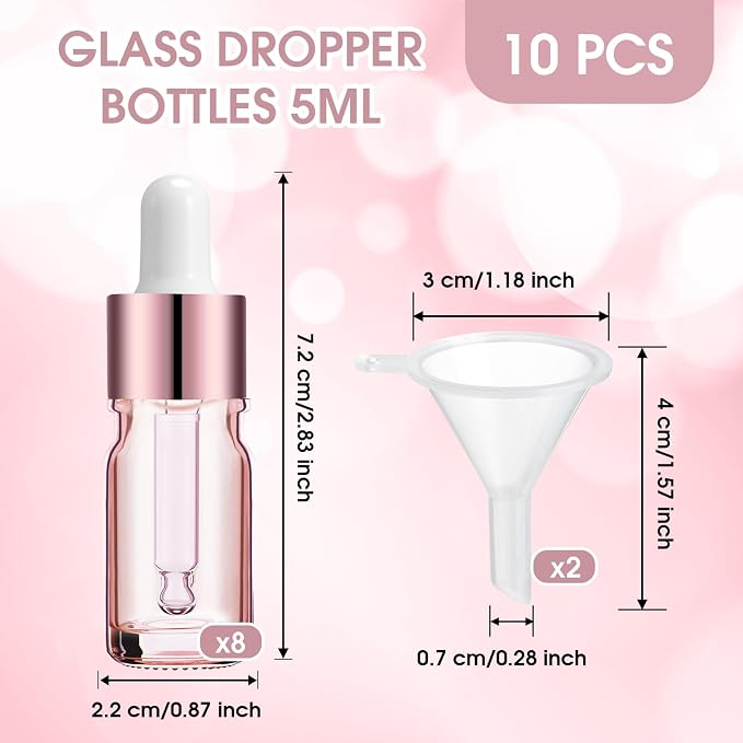Patelai 8 Pcs 5 ml/ 0.2 oz Frosted Glass Dropper Bottles Essential Oil Bottles with Eye Dropper and Bamboo Lids Perfume Sample Essence Liquid Cosmetic Containers and Funnels (Rose Gold)