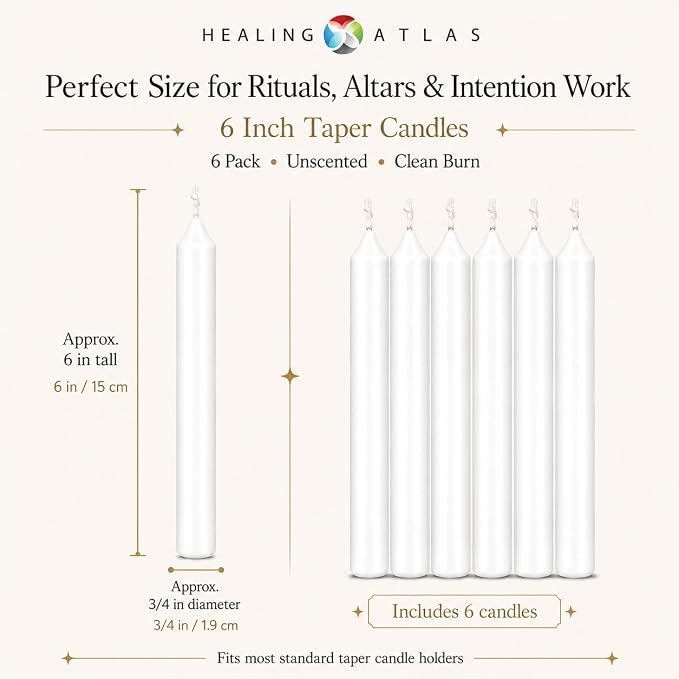 White Spell Candles 6 Inch, 6 Pack Unscented Taper Candles for Rituals & Altars by Healing Atlas