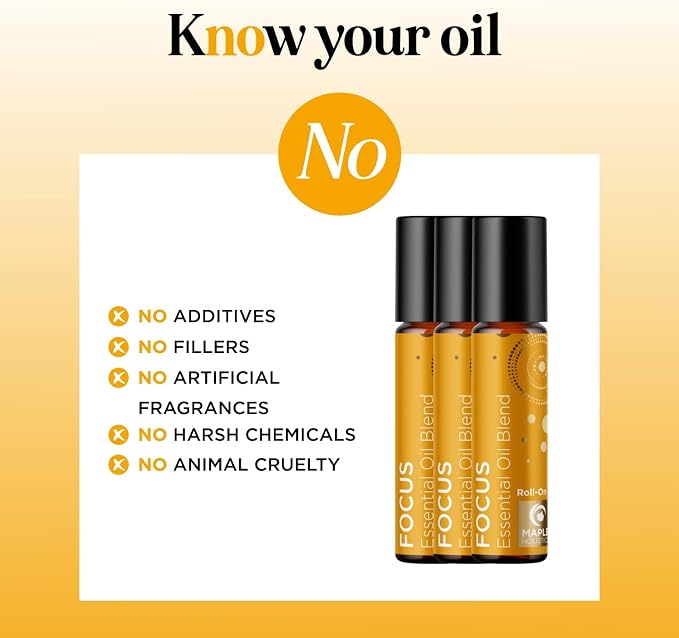 Focus Essential Oil Roll On - Aromatherapy Essential Oil Roller with Invigorating Pure Citrus and Mint Oils - Attention and Focus Essential Oil Blend with Eucalyptus Peppermint & Grapefruit (3 Pack)