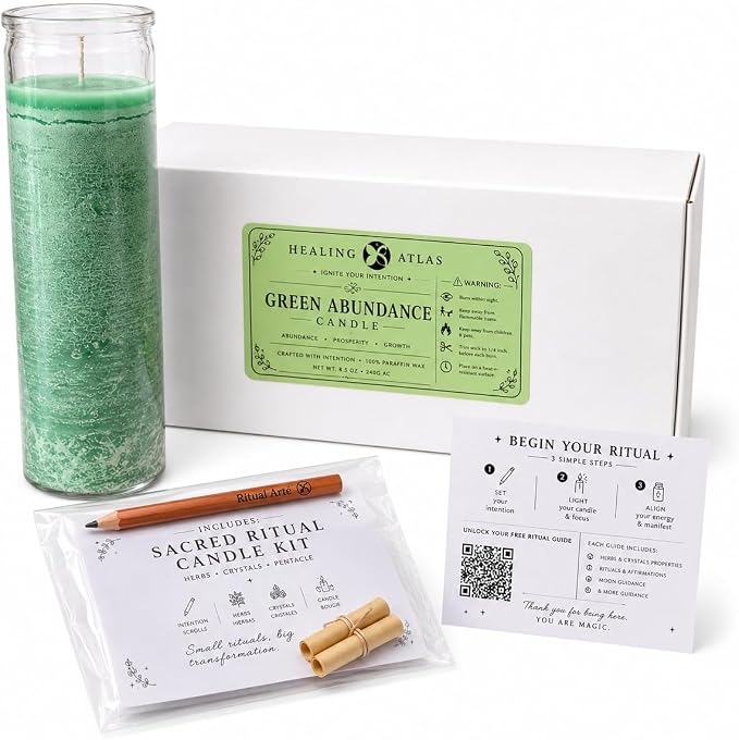 Green Abundance Manifestation Candle Kit – 8" Ritual Prayer Candle with Intention Scrolls, Pencil & QR Guide for Prosperity, Wealth, Success & Abundance