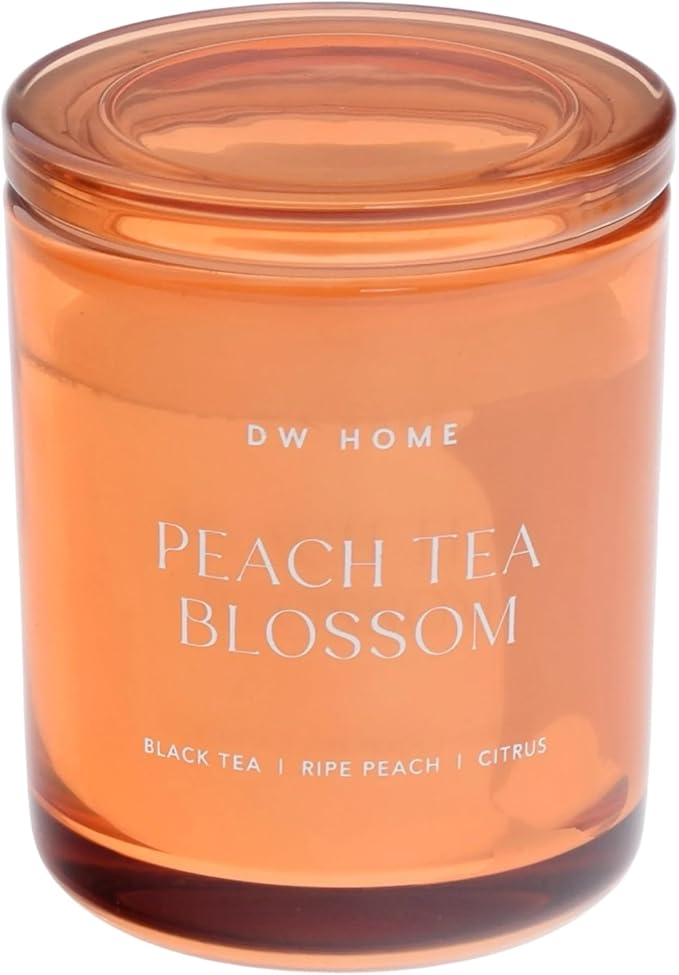 DW Home Peach Tea Blossom Scented Candles, 9 oz Single Wick Medium Jar, Up to 33 Hour Burn Time, Strong Long Lasting Sweet Fruity Tea Fragrance, Gifts for Women & Men