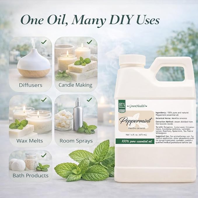 GreenHealth Peppermint Essential Oil – 2 Pack (16 fl oz Each) – 100% Pure & Uncut – White Plastic Jugs – Bulk Essential Oil for Diffusers, DIY, Cleaning