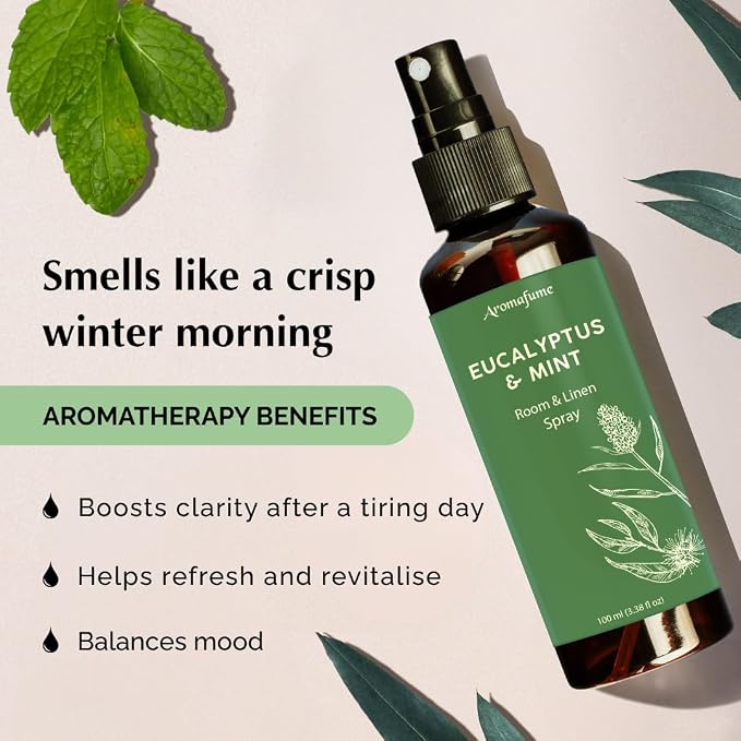 Eucalyptus & Mint Room, Linen & Pillow Spray by Aromafume | 100ml/3.38fl oz | with Pure Eucalyptus & Mint Essential Oil | Aromatherapy | Mist for Bedding, Fabrics