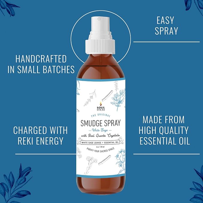 SOUL STICKS White Sage with Pearl Smudge Spray – 3.5oz Smokeless Energy Mist – Quartz Crystal & Pearl Infused Aura Cleanser – Spiritual Spray for Emotional Balance, Protection & Inner Peace