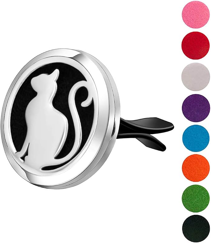 Wild Essentials Pretty Kitty Cat Essential Oil Car Vent Diffuser Kit – 316L Stainless Steel Locket, Rubber-Coated 4-Way Clip, 8 Color Pads (22mm), 25mm – Includes Alert & Inner Calm (2 x 10ml)
