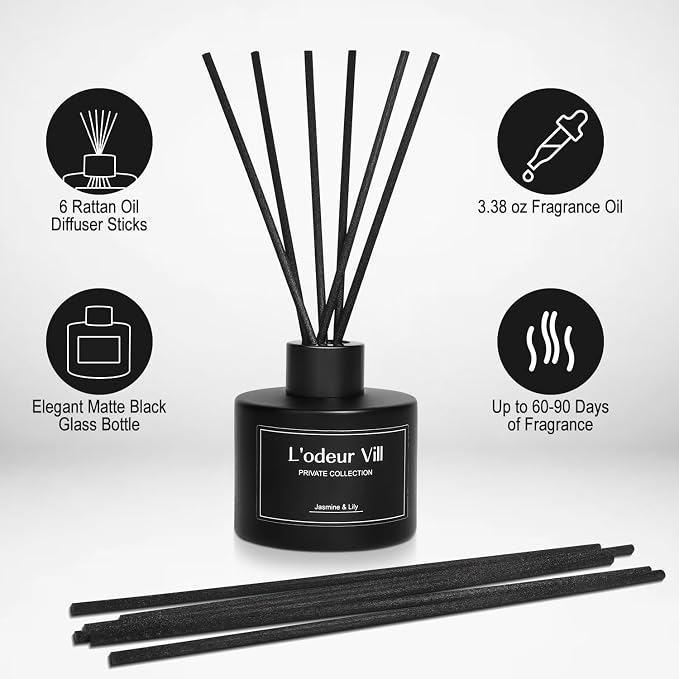 L'odeur Vill Reed Diffuser, 3.4oz(100ml) Jasmine & Lily Reed Diffuser Set with 6 Oil Diffuser Sticks, Matte Black Aroma Scent Diffuser, Long Lasting Home Fragrance for Bathroom Shelf Decor