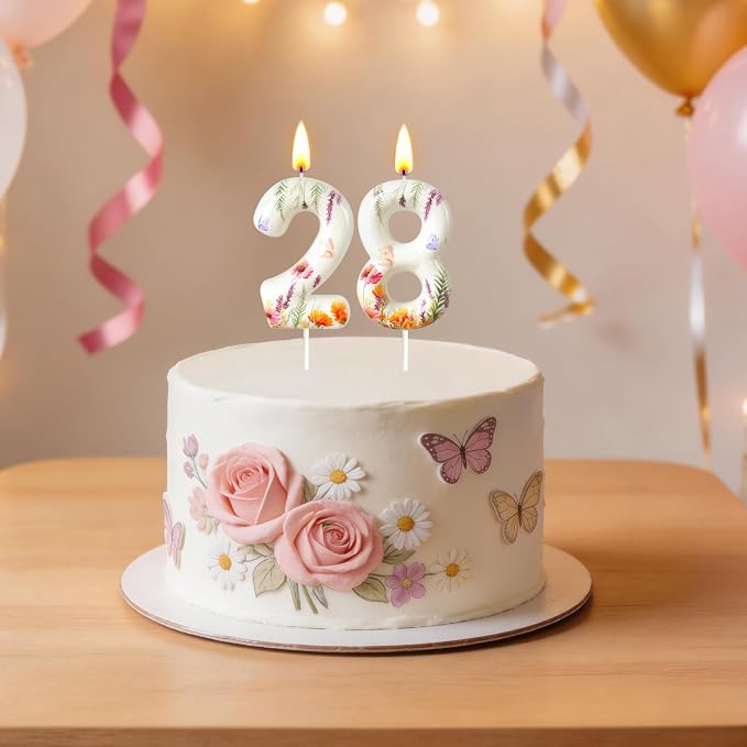 Number 8 Birthday Candle for Cake – Floral Botanical Design with Butterfly Detail – Elegant Cake Topper for Birthday, Garden Party Decoration