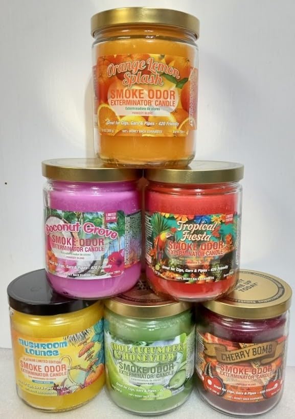 Smoke Odor Exterminator 13oz Jar Candles Orange Lemon Splash Assorted 6 Includes Cherry Bomb, Tropical Fiesta, Cool Cucumber & Honeydew, Coconut Grove & Mushroom Lounge.