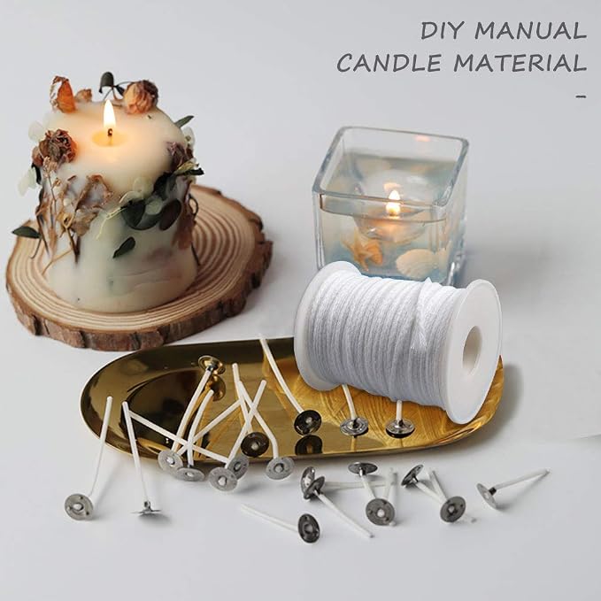 200 Feet Candle Wicks Roll, 24 PLYBraided Candle Wicks Natural Cotton Candle Wick Core Spool and 100 Pcs Metal Candle Wick Sustainer Tabs for Candle DIY Craft Candle Making Kit