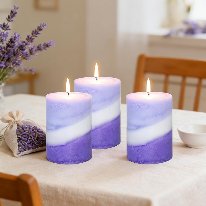 Crystal Club Lavender Scented Pillar Candles, 3X4 Inch Pillar Candles, 100% Cotton Wick, Smokeless & Dripless, 40+ Hours Long Burning, Candles Set for Wedding, Dinner, Party