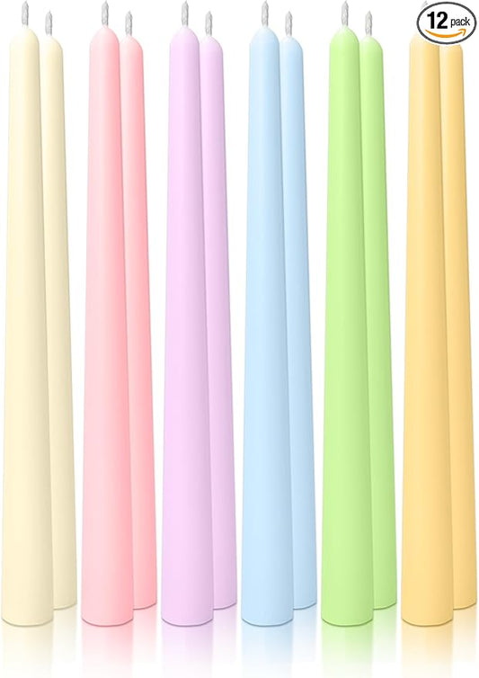 10" Classic Taper Candles, Multicolored, 12-Pack, 7-8 Hours Long Burning, Unscented Tall Easter Colorful Candlesticks