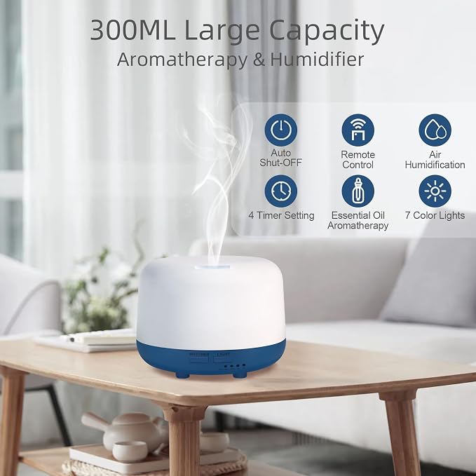 Marchred 300ML Essential Oil Diffuser with Remote Control, 7 LED Color Changing Light,Ultrasonic Cool Mist Scent Humidifier