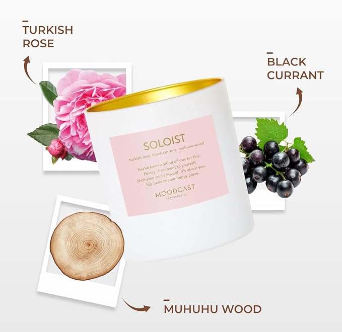 Moodcast Soloist Scented Candle - Aesthetic Candle for Home, Turkish Rose, Black Current & Wood, Clean Coco Wax Blend, Vegan, Paraben Free, 45-Hour Long Lasting Burn - 8oz