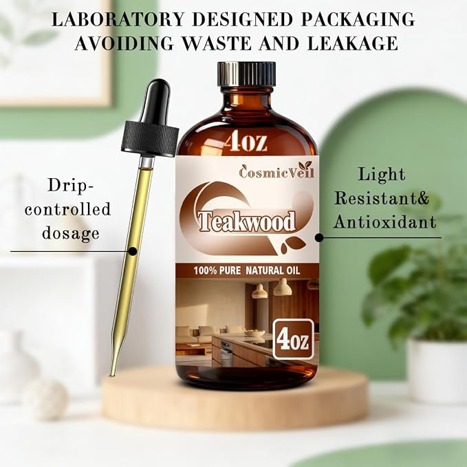 Teakwood Essential Oil Teakwood Oil for Aroma Diffuser,Humidifier,Home Fragrance,Cleaning,Body Care,Massage,Yoga,DIY Candle,DIY Soap CosmicVeil（Teakwood，4 Fl Oz (Pack of 1)）