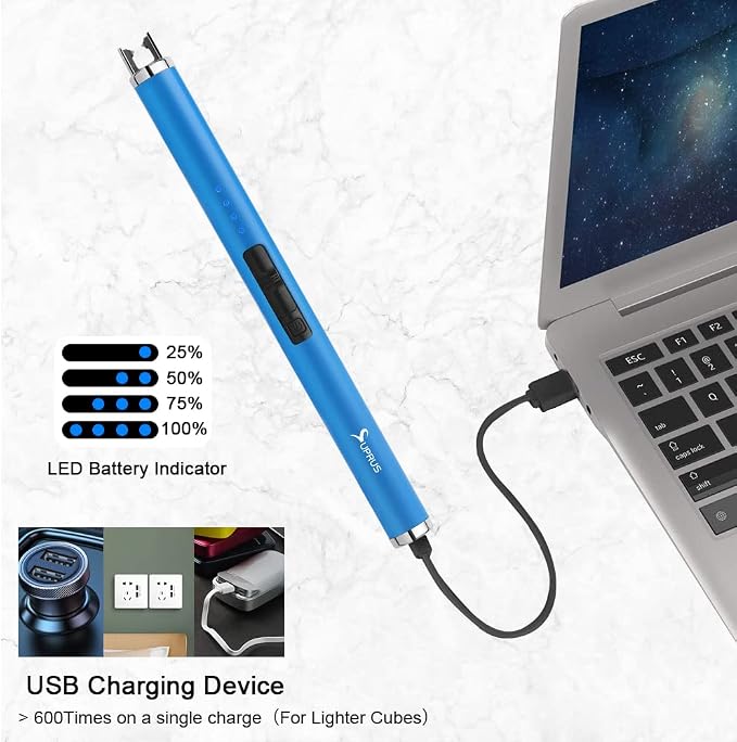 SUPRUS Fluorescent Lighter Glows in The Dark USB Lighter Rechargeable Windproof Pocket Size for Candle Cooking BBQ in Party (Blue)