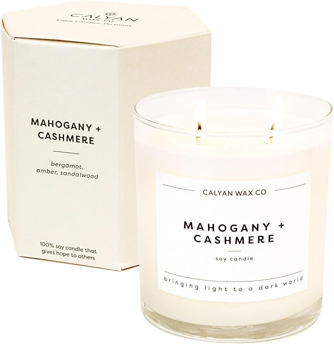 Calyan Wax Co. Mahogany & Cashmere 2 Wick Scented Candle - 37 Hour Burn - Luxury Clean Soy Wax Candles - Long Lasting Large Glass Jar Candle for Home - 8.8oz