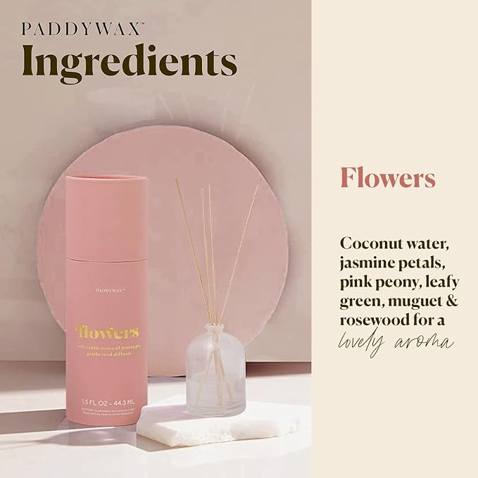 Paddywax Petite Reed Diffuser Set with Wooden Reeds, 720 Hour Long Lasting Home Fragrance Oil Diffuser, Decorative Milky Glass Bottle, Flowers Scent, White, 1.5 oz