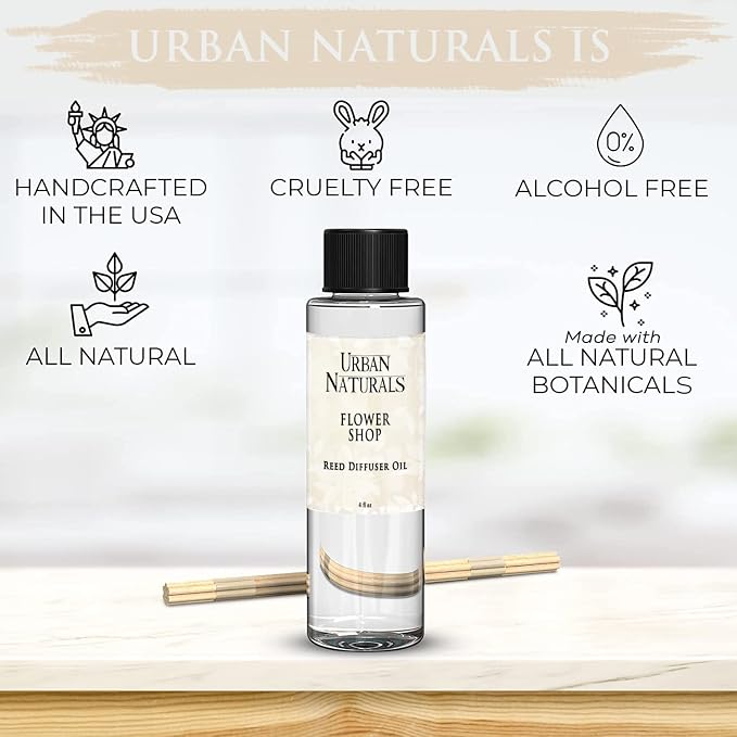 Urban Naturals Reed Diffuser Oil Refill Flower Shop, Violets, Daisies, Hyacinth, Rose Petals, 4 oz + Free Reed Sticks, Made in the USA