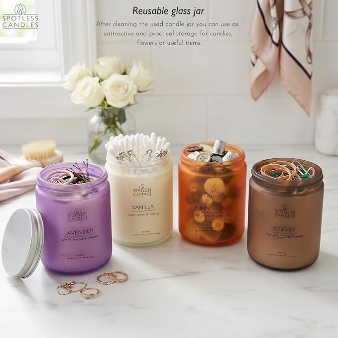 Classic Candle Gift Set; 4 x 8oz Scented Candles in Frosted Glass Jars; Coffee, Vanilla, Lavender, Pumpkin Spice; 200 Hours Burn Time; Gifts Set for Women; Premium Gift Box by Spotless Candles