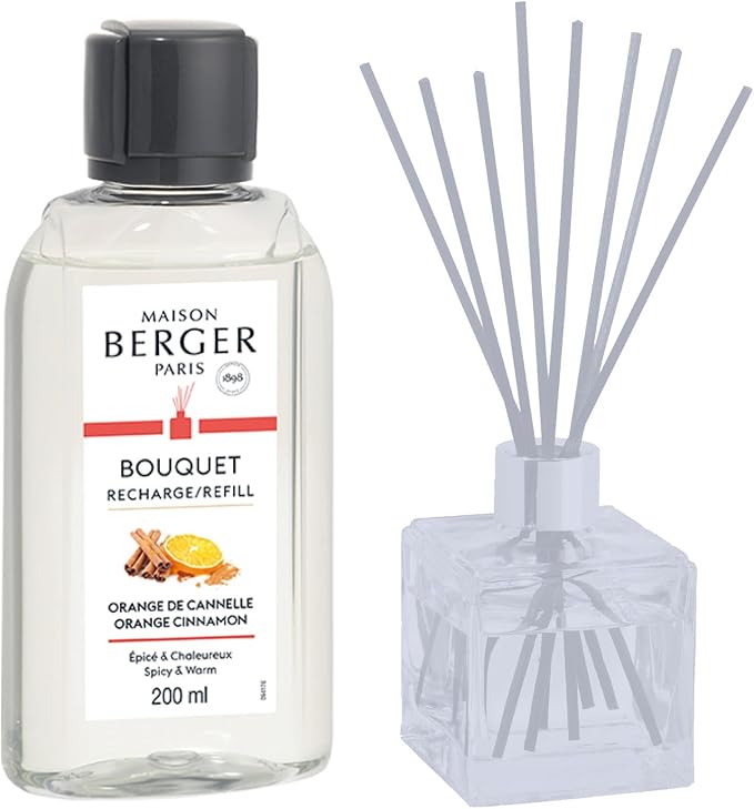 MAISON BERGER 200ml/6.76 fl. oz. Orange Cinnamon Reed Diffuser Refill, Clear | Fragrance Refill for Reed and Ceramic Diffusers, Passive Diffusion, ~6 Weeks, No Flame or Electricity, Made in France