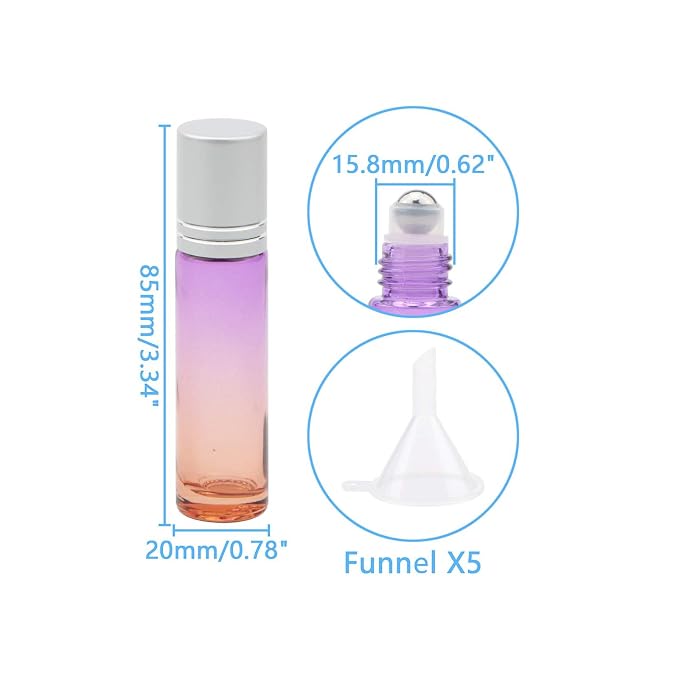 10Pcs Glass Roller Bottles Set, 10ml (1/3oz) Purple Orange Gradient Roll on Vials with Funnels, for Essential Oil Aromatherapy Perfume Liquid Massage