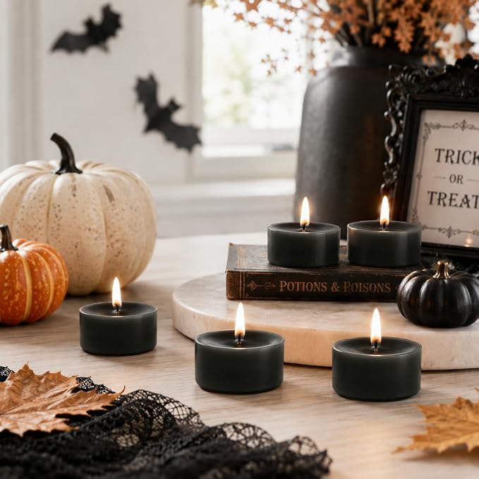 Black Tea Lights Set of 24, Sandalwood Scented Tealight Candles, Handmade Tea Candles, Long Burning Tealights for Wedding Halloween Home Decor Gift