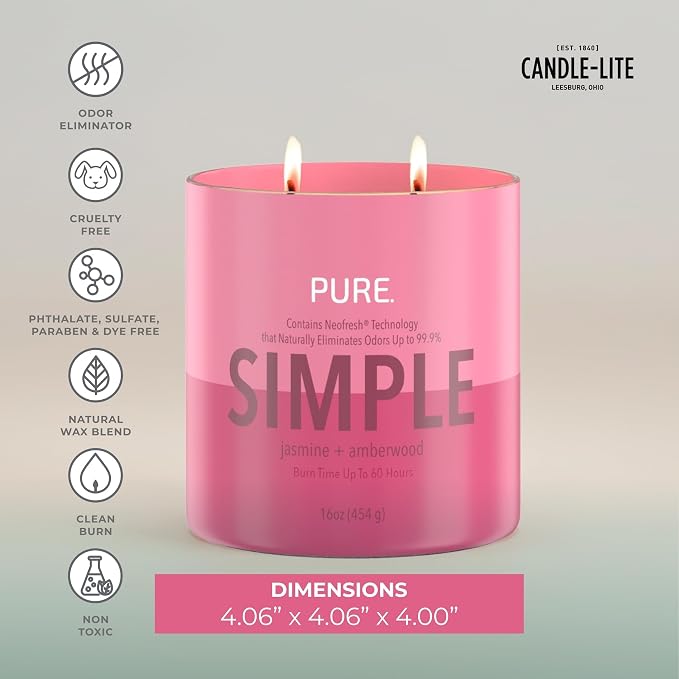 Candle-Lite Pure Jasmine & Amberwood Odor Eliminating Scented Candles, Neofresh Technology Eliminates 99.9% of Odors, 16 oz 2-Wick Jar, Proudly Poured in The USA, Up to 60 Hours Burn Time