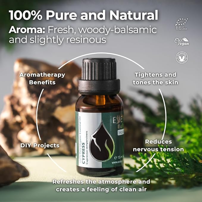 Essences Bulgaria Cypress Essential Oil 15ml (0.51 Fl Oz) | Cupressus sempervirens | 100% Pure, Natural, Undiluted | Aromatherapy, Cosmetics | Vegan, Non-GMO, Cruelty-Free