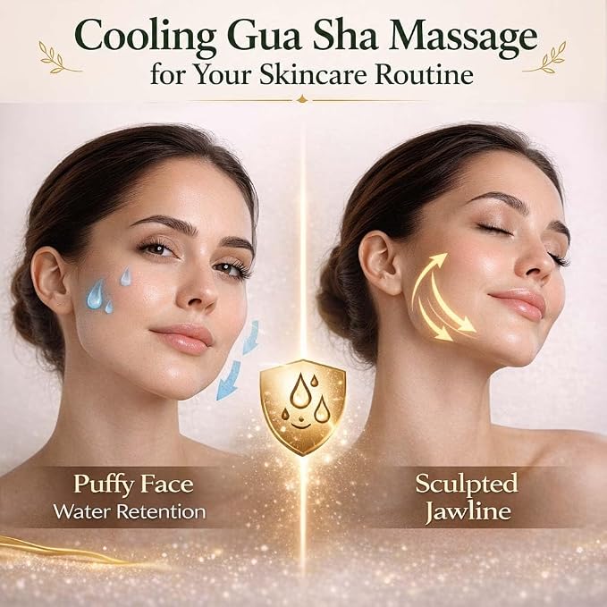 Organic Castor Oil Roll On & Stainless Steel Gua Sha Facial Tool – Metal Face Sculpting Tool, Cooling Gua Sha Oil Massage Set, Jawline Lift, Puffiness Care, Facial Oil Roller for Skin Routine