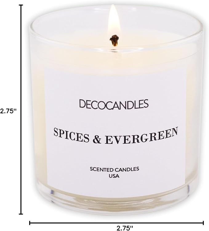 DECOCANDLES Spices & Evergreen Home Fragrance Candle, 6 Oz Soy Wax Blend Scented Candle, Long Burn Time