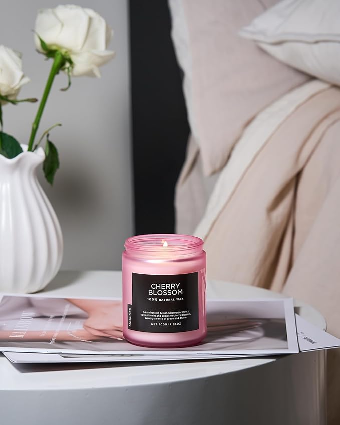 M&SENSE Cherry Blossom Scented Candle, 7.05oz Natural Organic Soy Wax, 50 Hours Non Toxic, Spring Smelling Home Scented Candle for Bath Relaxation, Stress Relief Housewarming Gift for Her