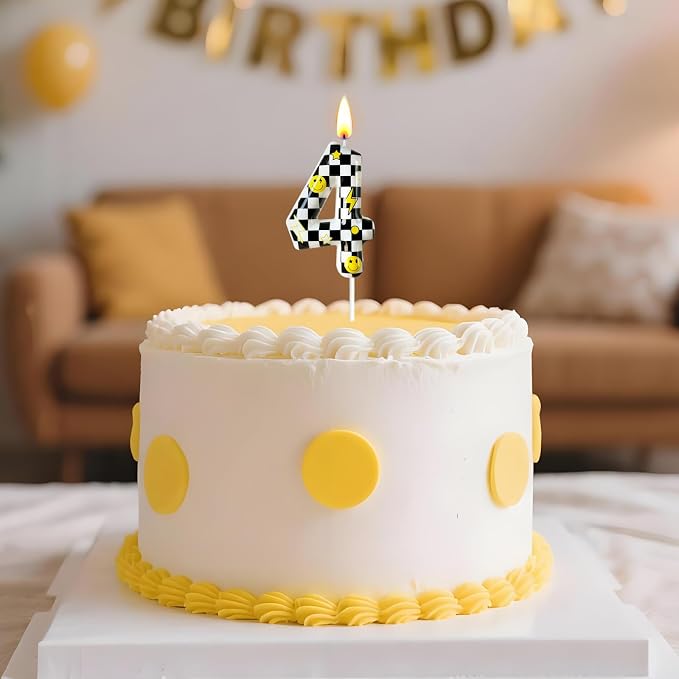 Number 4 Birthday Candle for Cake – Black White Checkered Smiley Design with Lightning & Star – Four Happy Dudes Theme Cake Topper for Birthday Party Decorations