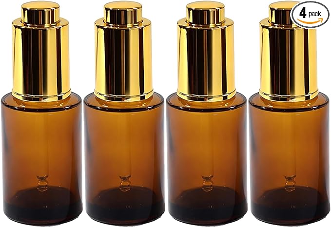 4Packs 30ml/1Oz Amber Glass Pump Dropper Bottles Refillable Skincare Serum Containers with Gold Press Pump Glass DropperPump For Essential Oils, Face Serum, Cosmetics, DIY Beauty, Travel