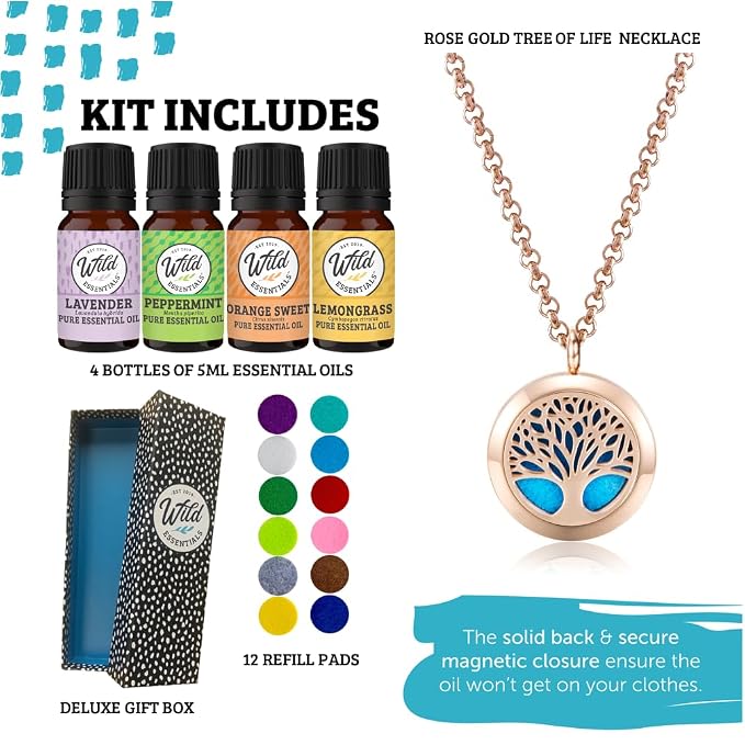 Wild Essentials Rose Gold Tree of Life Necklace Essential Oil Diffuser Kit, Lavender, Lemongrass, Peppermint, Orange Oils, 12 Refill Pads, Calming Aromatherapy Gift Set, Customizable Color Changing