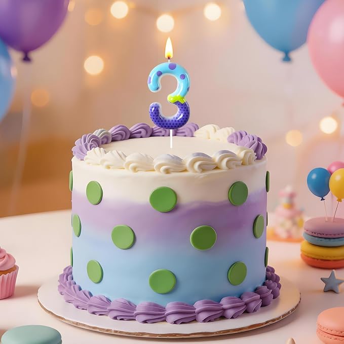 Number 3 Birthday Candle for Cake – Colorful Polka Dot & Patchwork Design – Fun Cake Topper Decoration for Birthday Celebration