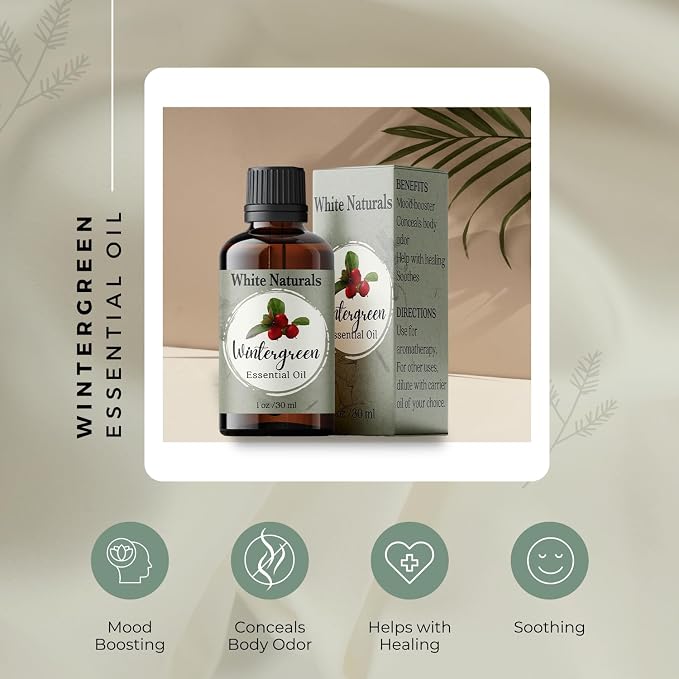 Wintergreen Essential Oil,100% Pure Natural Organic Therapeutic Grade for Aromatherapy Diffuser, Winter Green Oil for Inhalation Therapy, DIY Soap Candle Making, Refreshing, Crisp & Woodsy Scent