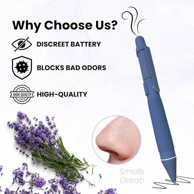 Aromatherapy Writing Pen Battery with Real Ink Tip and Hidden Diffuser Port, Soft Touch Ballpoint for Note Taking, Signature, and On-The-Go Relaxation, Rechargeable Wellness Gift for Office (Blue)