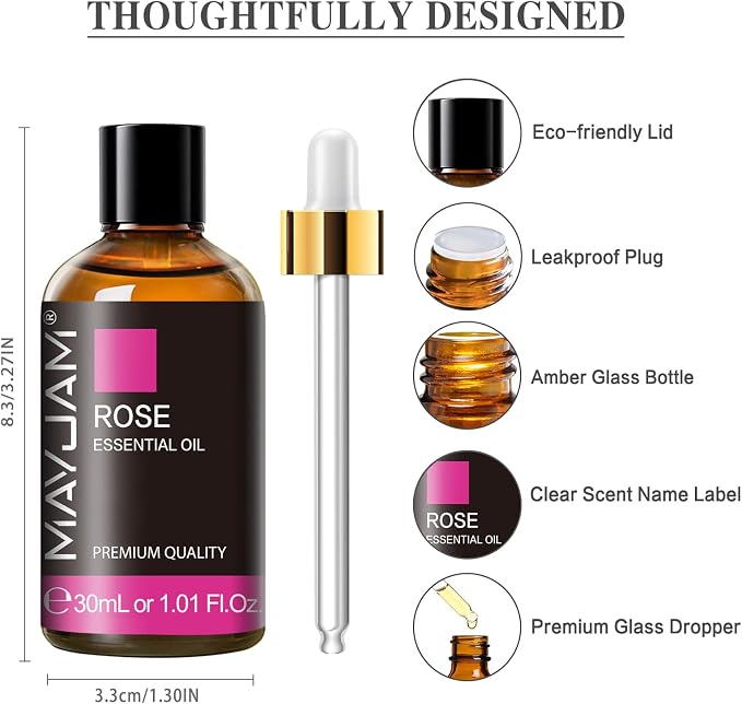 Rose Essential Oil 30ML/ 1.01FL.OZ, MAYJAM Pure Aromatherapy Rose Oil for Massage, Diffuser, Soap Making, Long Lasting Scents