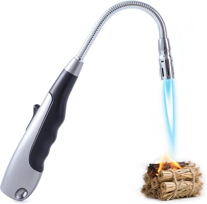 Butane Lighter Long Jet Flame Lighter, Refillable Torch, 360° Flexible Neck, Windproof Jet Flame, Visual Fuel Window, for Fireplace Kitchen Grill BBQ Camping Candle(No Butane Included)