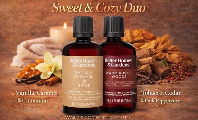 Universal Fragrance Oil Duo Pack – Two 5oz Bottles – Premium Home Diffuser Oil for Warmers, Diffusers & Potpourri (Warm Vanilla Woods (Vanilla Caramel & Spice + Warm Rustic Woods))
