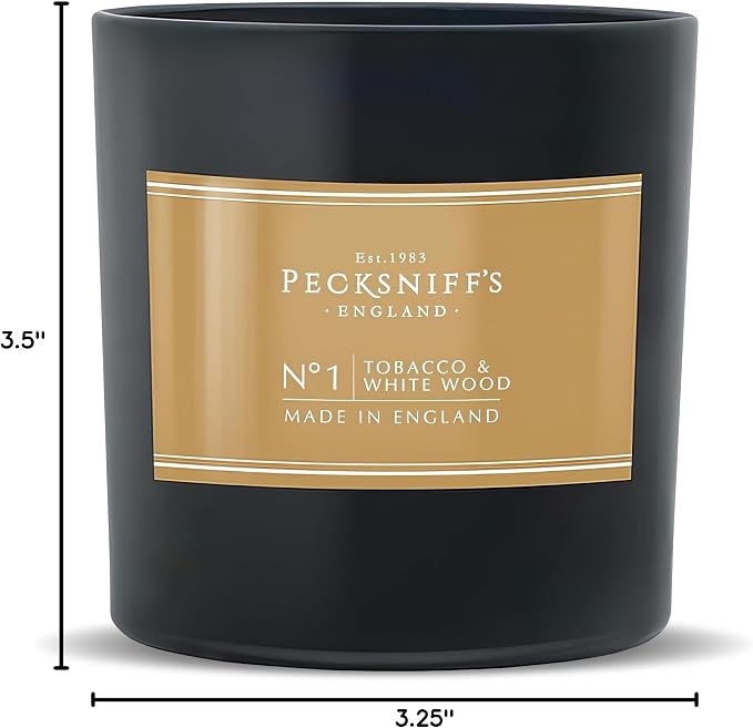 Pecksniff’s Tobacco & White Wood Scented Candle – 1 Wick, 184 g/6.49 oz – Oriental Luxury Fragrance – Black Glass Vessel – Made in England