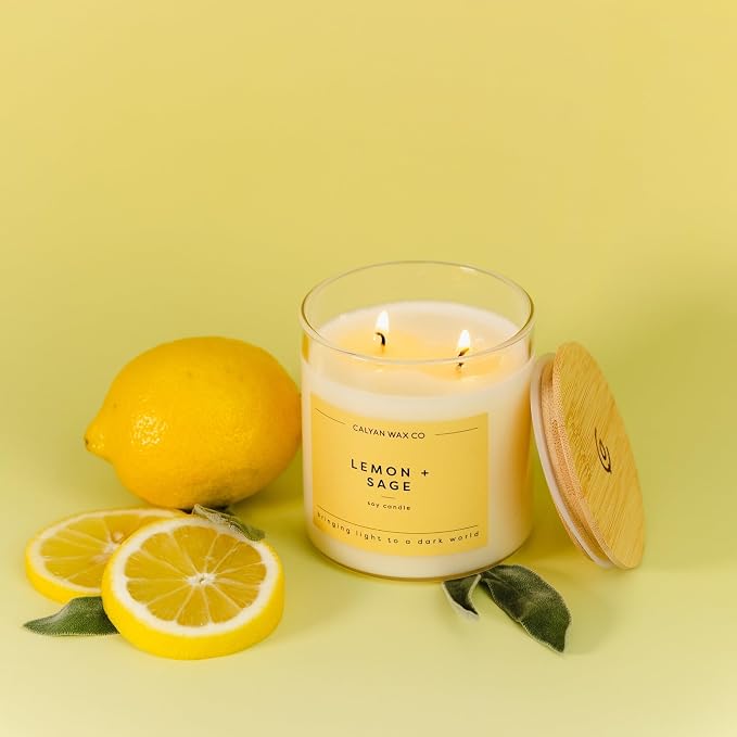 Calyan Wax Co. Lemon & Sage 2 Wick Scented Candle - 37 Hour Burn - Luxury Clean Soy Wax Candles - Long Lasting Large Glass Jar Candle for Home - 8.8oz