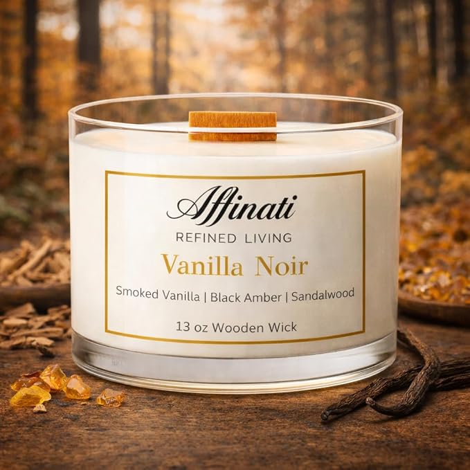 Affinati Vanilla Noir Wooden Wick Candle – Luxury Wooden Bowl, 13 oz