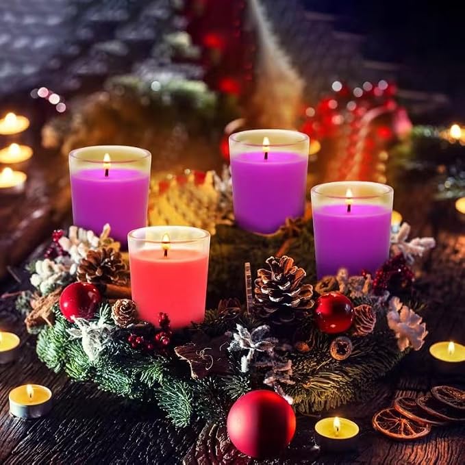 Purple and Pink Christmas Advent Votive Candles in Glass, Unscented 15 Hour Soy Wax Love, Hope, Peace and Joy Candles for Christmas Wedding Table Home Spa Holidays Party, 4 Packs
