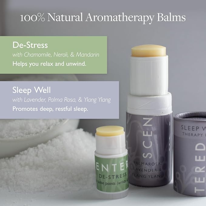 Scentered Prepare for a Great Night's Sleep Bath Set - Bath Salts, Aromatherapy Balms, Body Loofah, Hair Tie & Shower Cap - Relaxing Bath Set for Restful Sleep