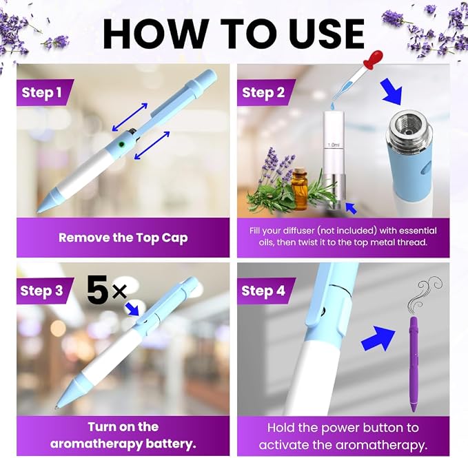 Aromatherapy Writing Pen Battery with Real Ink Tip and Hidden Diffuser Port, Soft Touch Ballpoint for Note Taking, Signature, and On-The-Go Relaxation, Rechargeable Wellness Gift for Office (Sky)