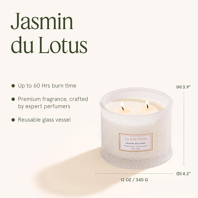 LA JOLIE MUSE Jasmine Lotus Scented Candles for Home, Natural Soy 2-Wick | Large Jar Luxury Candle, Clean Non Toxic, Gift for Women & Mom, Decorative White Candles, Pretty Floral Engaged Candle, 12 oz