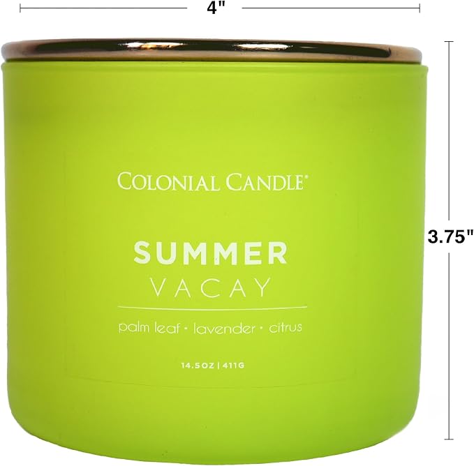 Colonial Candle Summer Vacay Scented Jar Candle, Pop of Color Collection, 3 Wick, 14.5 oz - Up to 60 Hours Burn