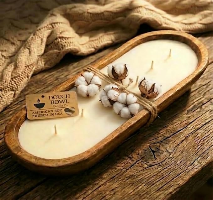 Dough Bowl Candle Co. Fresh Linen Candle for Women or Men - 17x5 6 Wick Scented Candles for Home, Mango Wood Large Luxury Soy Candles with Scented Wax, Long Burning 40H Burn Time for Spring or Summer