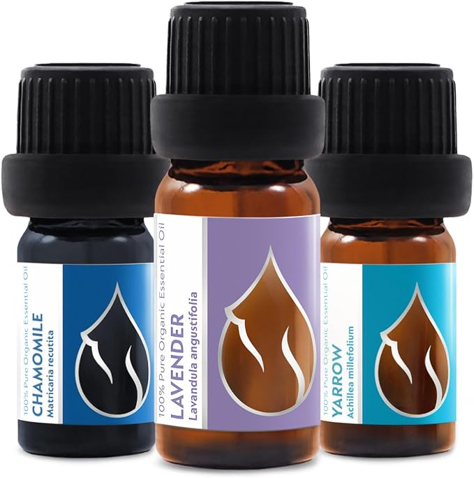 Set Relax Organic Essential Oils | Lavender (0.34 Fl Oz) + Chamomile (0.17 Fl Oz) + Yarrow (0.17 Fl Oz) | 100% Pure and Natural | Undiluted | Therapeutic Grade | Family-Owned Farm | Non-GMO | 3 pcs